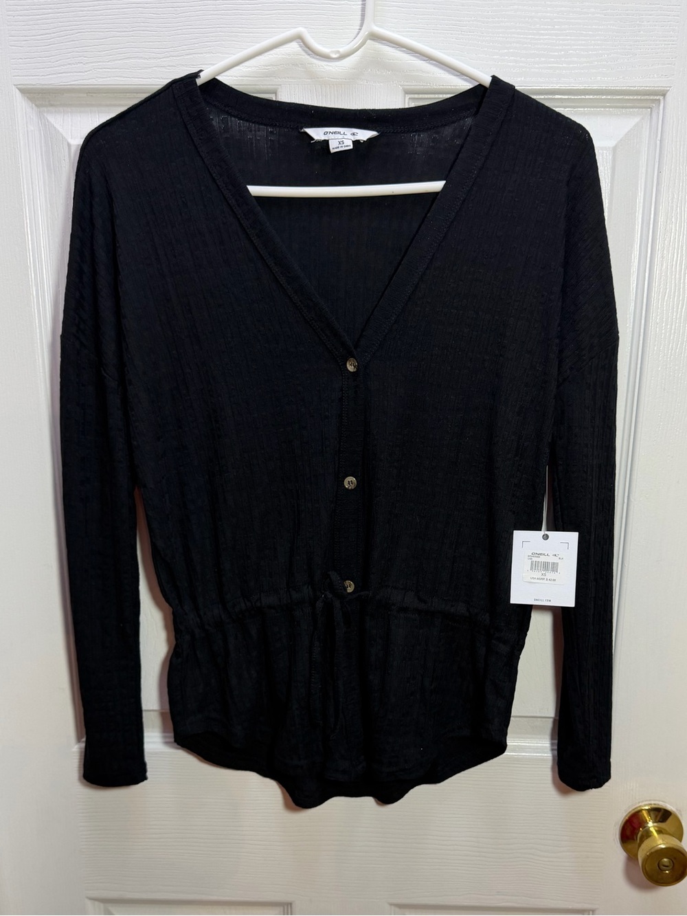 O'Neill Black Button-Front V-Neck Drawstring Waist Top